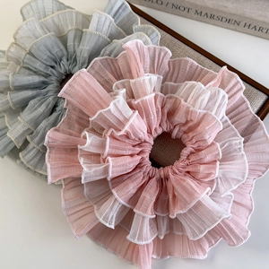 Handmade layered wavy ruffle hair scrunchies in translucent pink and blue grey fabric