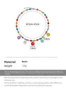 Detailed size chart showing resin daisy necklace length and colorful bead dimensions