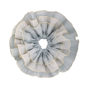 Blue and beige ruffled mesh hair scrunchie with layered lace in retro ballet style