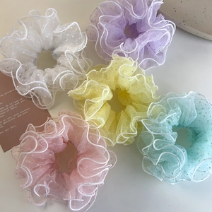 Set of 5 pastel mesh hair scrunchies with polka dots and ruffled edges for women