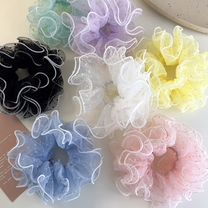 Set of 7 colorful polka dot mesh hair scrunchies with elegant wavy edge finish