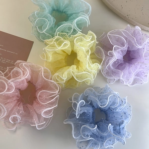 Pastel organza dot scrunchies set in mint green, yellow, purple, pink and blue colors