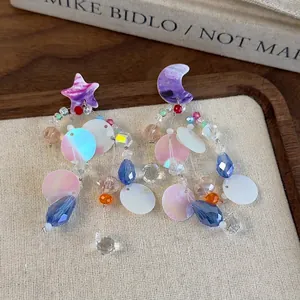 Moon Star Asymmetric Beaded Long Tassel Earrings Multi-Color Crystal Sequin Drop Earrings For Women Jewelry Gift