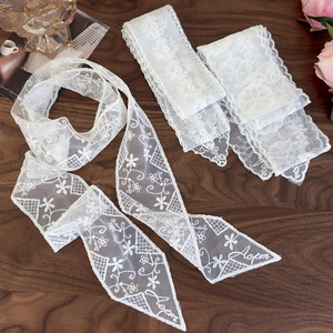 French Vintage White Lace Scarf Women Hollow Out Floral Embroidered Ribbon Elegant Neck Wrap Multi Use Hair Band Fashion