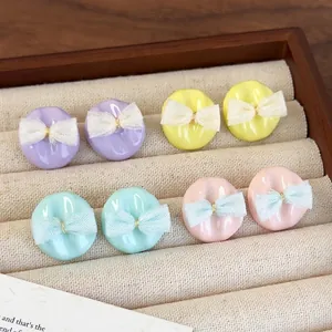 Süße Legierung Runde Ohrstecker Mit Netzschleife Macaron Rosa Lila Gelb Blau Koreanischer Stil Damen Romantischer Schmuck Geschenk
