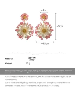 Pink sunflower drop earrings made of resin and alloy with detailed size measurements