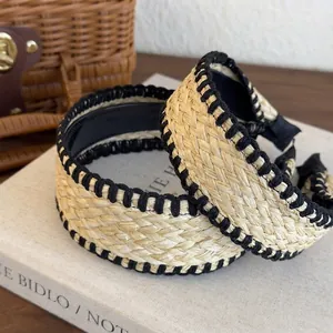 Bohemian Straw Woven Wide Headband Retro Braided Hair Hoop With Black Edging For Vacation Seaside Women Hair Accessories