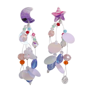Bohemian asymmetric long beaded drop earrings with moon and star celestial pendants