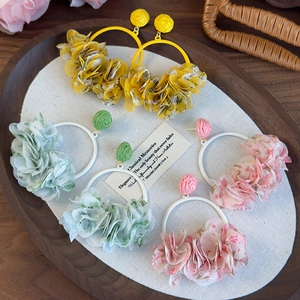 Floral fabric hoop earrings in yellow green and pink styles for summer outings