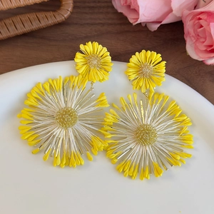 Close-up of vibrant yellow daisy drop earrings on a white tray for a summer holiday look