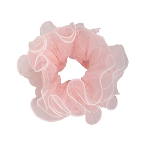 Pink mesh polka dot scrunchie with pleated soft fabric for elegant bun hairstyles