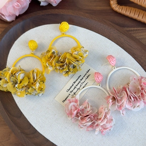 Floral fabric petal metal hoop earrings in yellow and pink for summer outing style