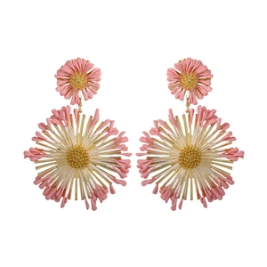 Pink and gold daisy drop earrings with double floral layers for beach vacation