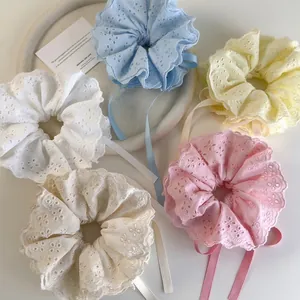 Sweet Lace Eyelet Embroidery Scrunchies With Ribbon Bow Pastoral Style Polyester Hair Tie For Women Girls Hair Accessories