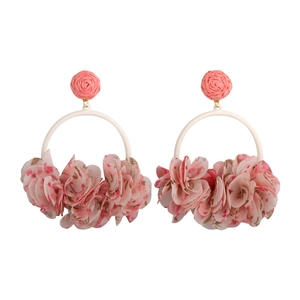 Pink fabric flower ring earrings with woven ball studs for a sweet pastoral style look