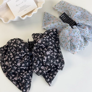 Elegante Haarklammern mit Chiffonschleife und Blumenmuster in Schwarz und Blau