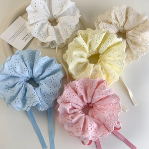Pastel lace scrunchie set with long ribbons in white, beige, yellow, blue and pink