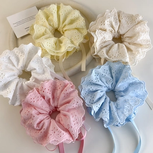 5-pack candy-colored lace eyelet scrunchies with ribbons in pastel hues for women