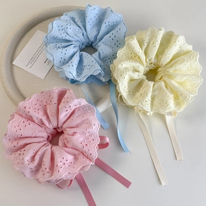 Three-piece set of candy-colored lace scrunchies with floral embroidery and satin ribbons