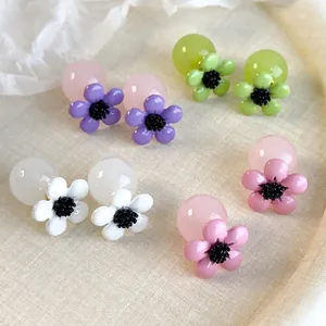 Women's Fresh Sweet Cherry Blossom Resin Flower Stud Earrings Alloy Back Hanging Artificial Pearl Earrings Korean Floral Jewelry