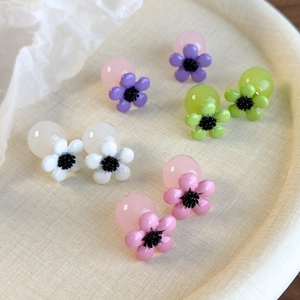 Elegant cherry blossom resin flower stud earrings set in four translucent pastel colors