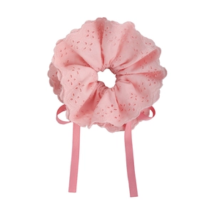 Pink candy-colored four-layer lace scrunchie with floral embroidery and long ribbons