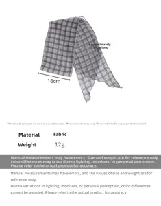 Detailed size chart for retro blue checkered skinny scarf showing dimensions 135cm by 16cm