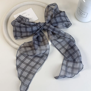 Retro blue and grey plaid skinny silk scarf with a bow design for stylish women