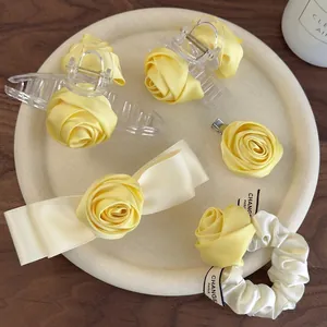 Handmade 3D Yellow Rose Flower Hair Clip Elegant Satin Cloth Plastic Hair Tie Claw Clip For Women French Style Jewelry Accessory