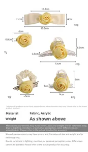 Detailed view of various handmade cream rose hair clips and ties with size specifications