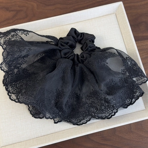 Détail d'un chouchou français élégant en dentelle noire avec broderie multicouche