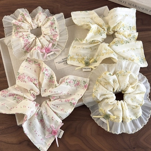French Floral Scrunchies With Bow Button Decor Lace Edge Hair Ties For Women Korean Style Fabric Handmade Hair Accessories