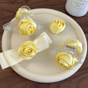 Handmade yellow rose hair clip set with satin bow and floral claw clips for women