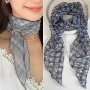 Korean Style Vintage Blue Plaid Narrow Long Polyester Scarf For Women Lightweight Elegant Neck Tie Scarf Fashion Headband