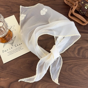 French style white chiffon headscarf with rose embroidery and lace edges for women