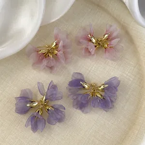 Sweet Beach Vacation Style Mesh Flower Stud Earrings For Women Alloy Electroplated Floral Ear Jewelry Accessories Pink Purple