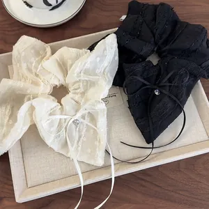 French Vintage Lace Bowknot Hair Scrunchie With Rhinestone Tassel Polka Dot Mesh Ponytail Holder Elegant Hair Accessories For Women