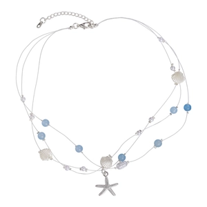 Three-layer blue crystal and shell ocean necklace with starfish pendant for beach vacation