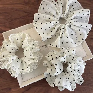 Sweet Mesh Lace Scrunchie Heart Polka Dot Print Hair Ring Elegant Hair Tie Large Pleated Hair Rope For Women Hair Accessory