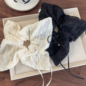 Elegant lace bow scrunchies set with polka dots and rhinestones in beige and black colors