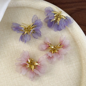 Floral mesh earrings with 3D fabric petals and gold metallic studs in pink and purple