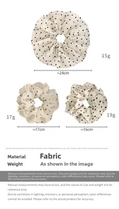 Detailed size comparison and weight specs of mesh heart scrunchies with lace trim