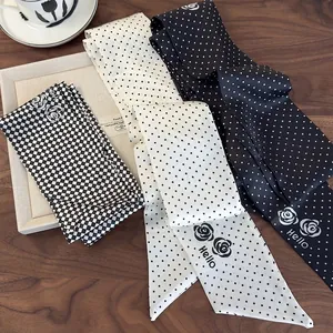 French Style Narrow Long Scarf For Women Polyester Satin Polka Dot Camellia Flower Print Twilly Neck Scarf Headband Ribbon