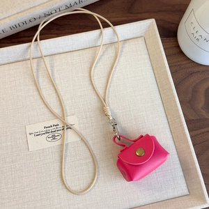 Mini pochette de cou en cuir rose rose avec cordon tressé beige pour écouteurs
