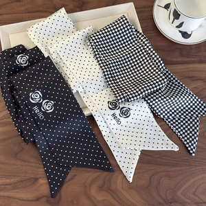 French style polka dot silk twilly scarf with camellia flower and Hello text design