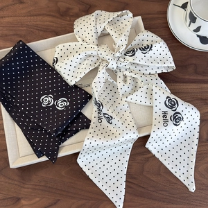 Polka dot camellia silk scarf with Hello letter print in black and white satin