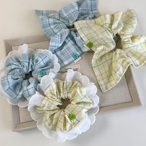 Plaid scrunchies set with lace trim and flower buttons in mint yellow and blue