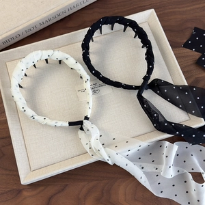 Two-piece polka dot headband set with elegant long ribbons and non-slip inner teeth