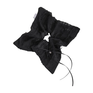 Elegant black lace scrunchie with a ribbon bow and sparkling rhinestone detail