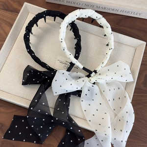 French Vintage Polka Dot Headband With Long Ribbon Streamer Bow Anti-slip Teeth Hair Hoop Sweet Hair Accessories For Women